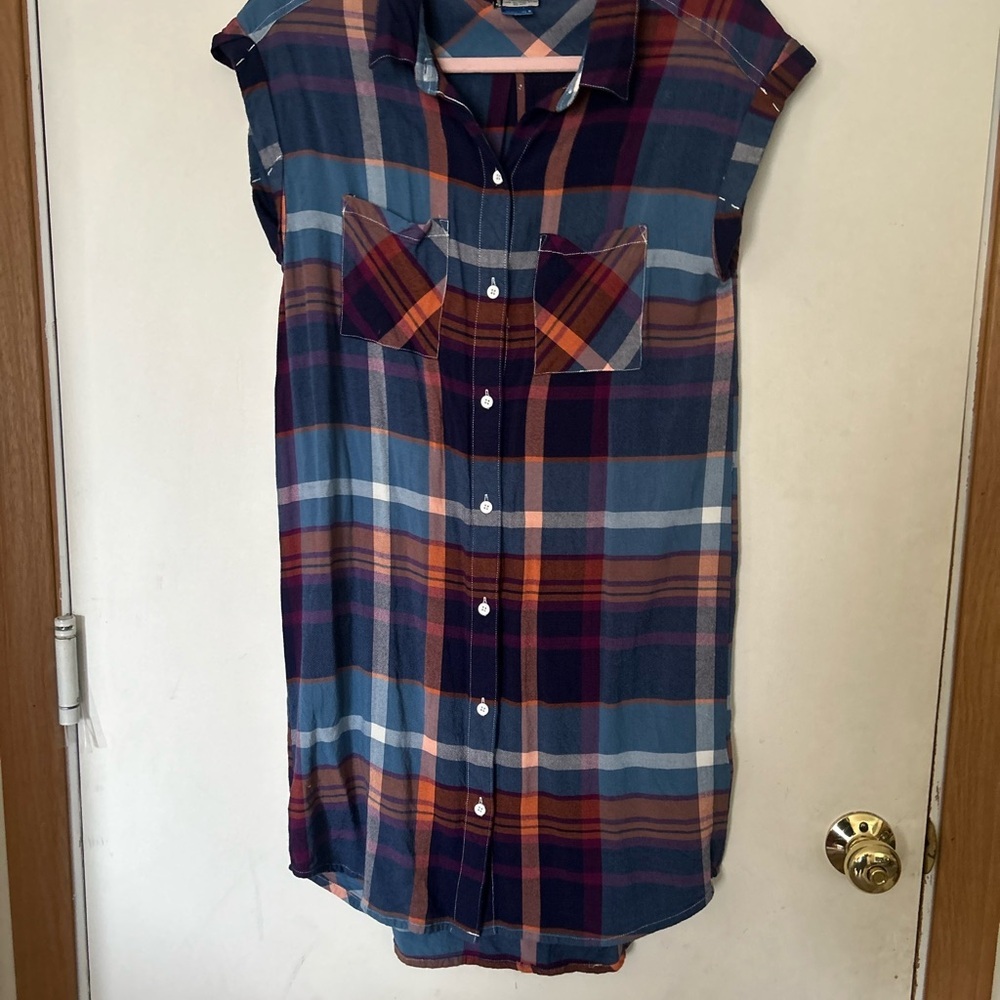 Kavu small 100% Rayon Button-Up Shirt Dress - Blue, Navy & Rust Gronla